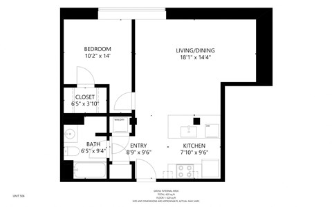 Floor plan for 1 bed, 1 bath, 635 sqft